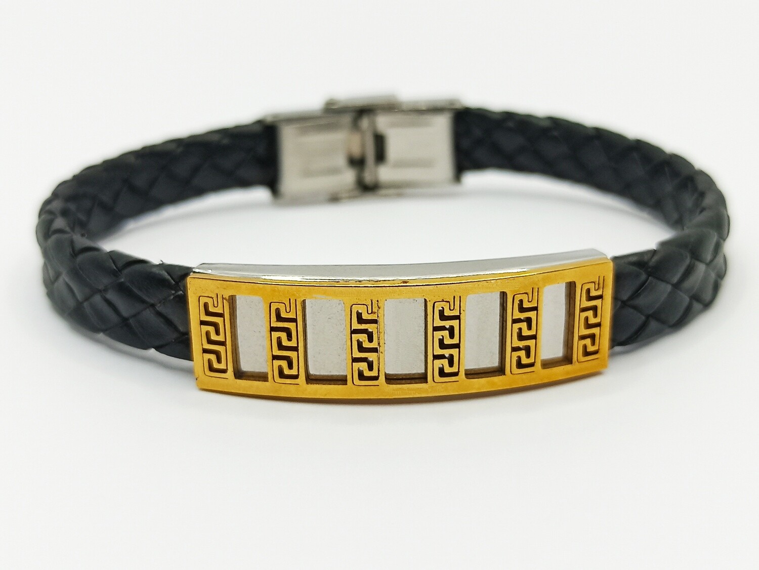 Stainless steel black leather Meandros bracelet, MODEL-LEATHER TYPE: 1 Bracelet braided leather