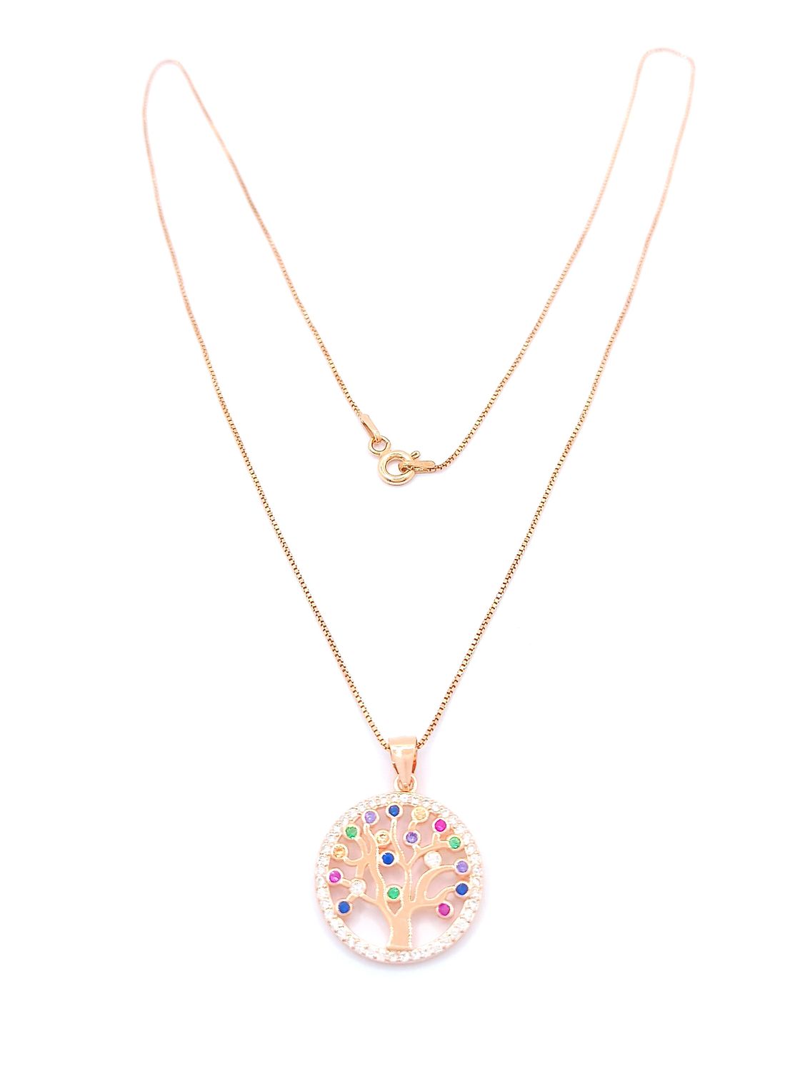 Silver 925 tree of life stone necklace, MODEL-COLOR-DESIGN DIAMETER-STONE COLOR: 1-Rose gold plated-Design Diameter: 1.8cm-Multi color zirconia