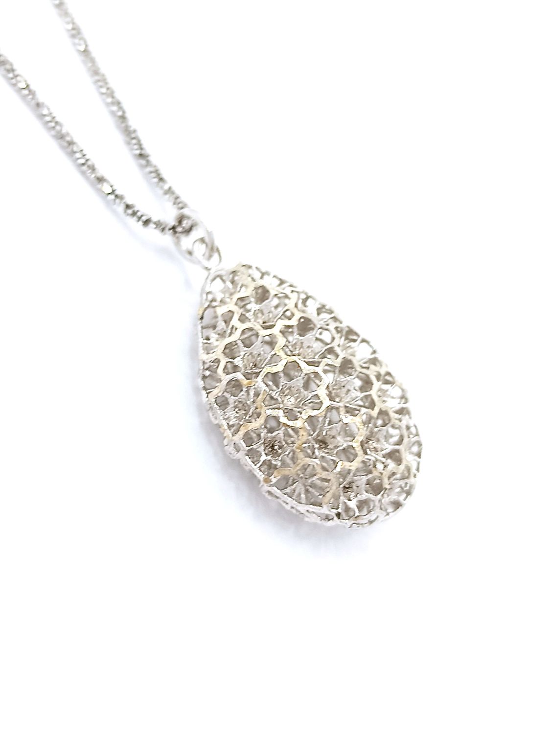 Silver 925 diamond cut tear flower necklace, MODEL-SIZE-CHAIN LENGTH: 1-Pendant Height: 3cm-Width: 1.7cm-Chain Length: 45+5cm Adjustable