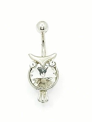 316L surgical steel owl bird belly ring, MODEL-STONE COLOR: 1-Owl center= White - Eyes= White