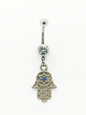 316L surgical steel Hamsa belly ring, MODEL-STONE COLOR: 1-White &amp; Blue