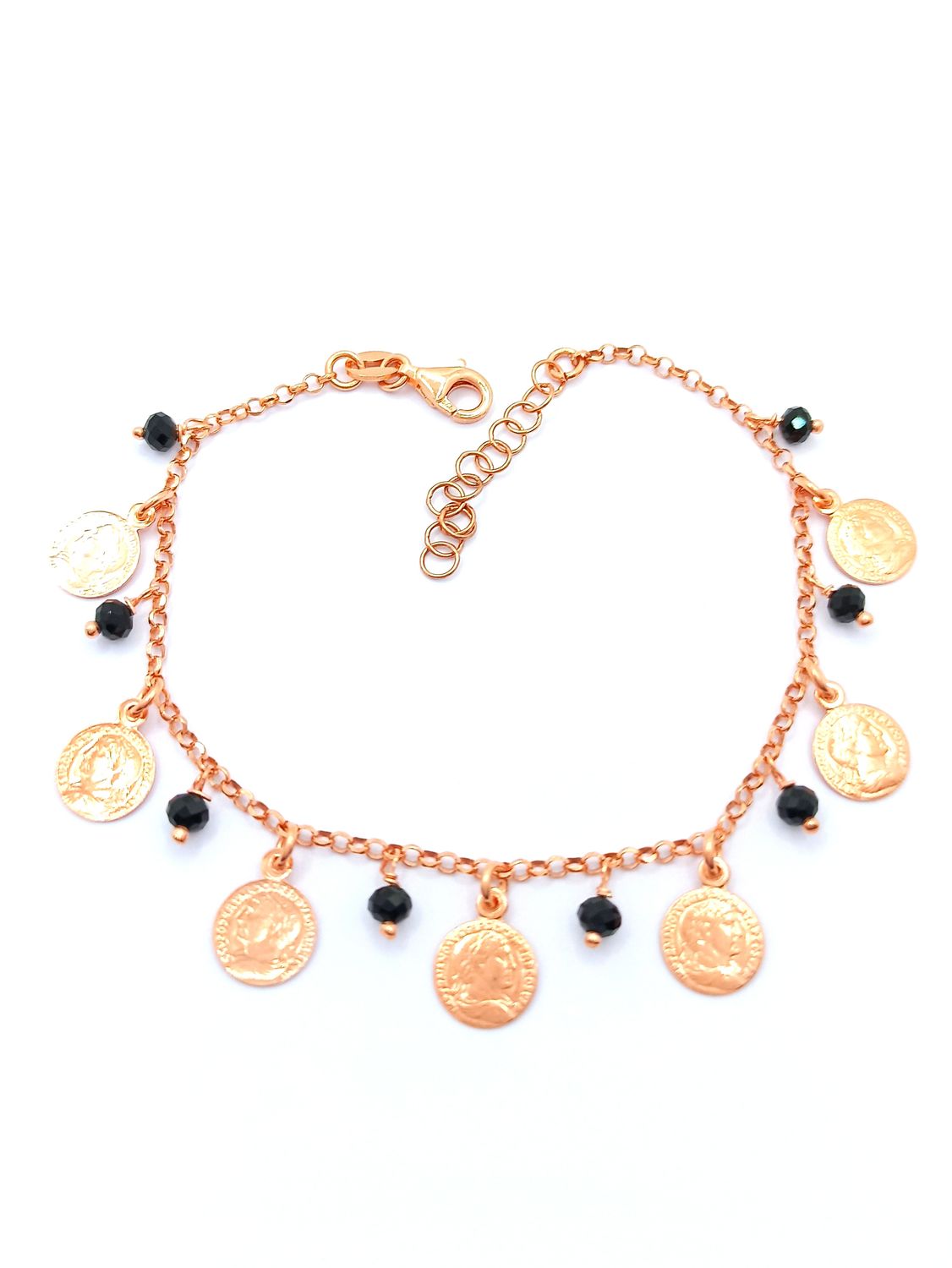 Silver 925 fancy 7 round pennie coin design hand bracelet, MODEL-COLOR-CHAIN LENGTH: 1-Rose-Bracelet Length: 16.5+3cm Adjustable