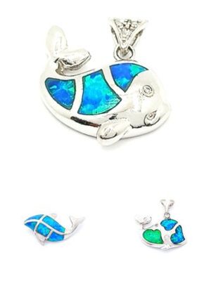 Silver 925  Opal blue fire whale pendant