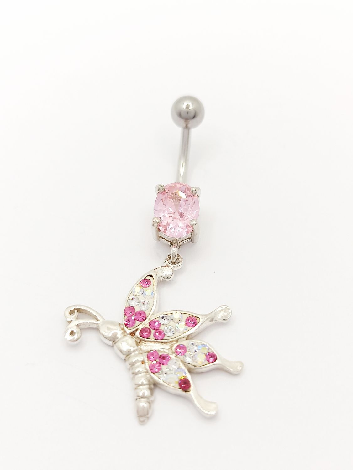 925 silver &amp; 316L steel butterfly belly ring, MODEL-SIZE-STONE COLOR: 1 Total height: 4.6cm-Width: 2.3cm-Pink,Fuchsia,White and multicolor zirconia