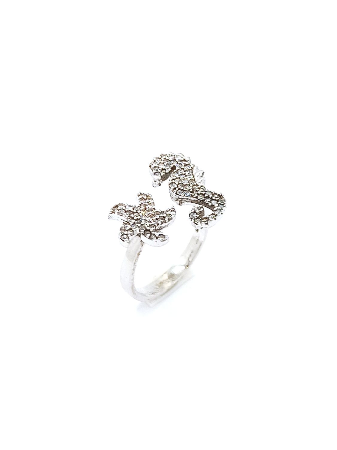 Silver 925 sea star hippocampus stone ring, MODEL-SILVER COLOR-STONE COLOR-SIZE: 1-White-CZ white zirconia-SIZE : 54 adjustable-open from 52 to 56