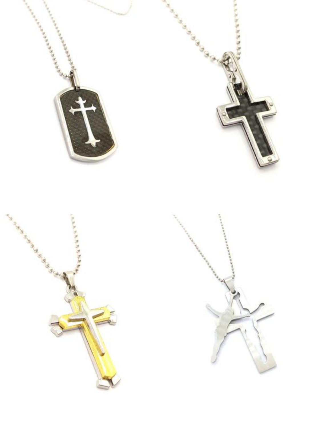 Stainless steel cross carbon look necklace