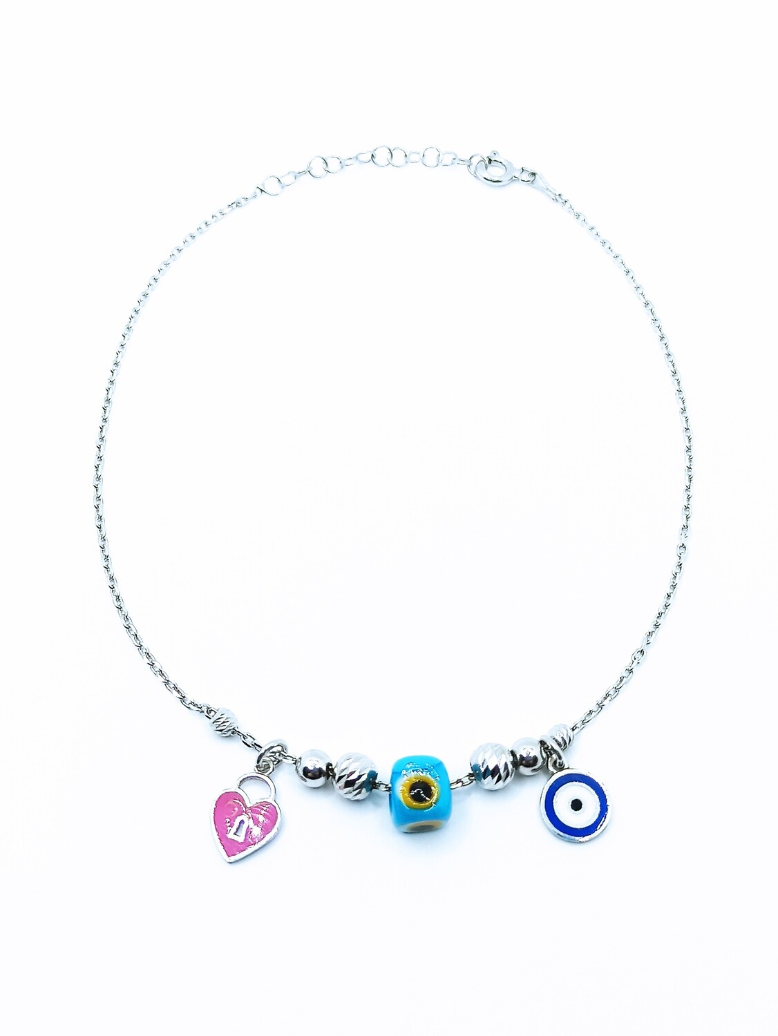 Silver 925 evil eye,heart,fish or four-leaf,elephant anklet