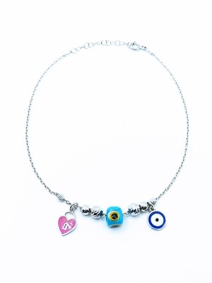 Silver 925 evil eye,heart,fish or four-leaf,elephant anklet