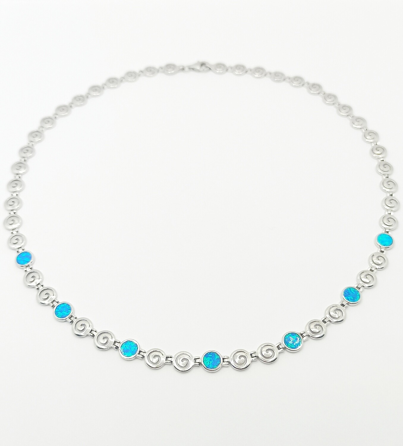925 Opal blue fire spiral Meandros Greek necklace