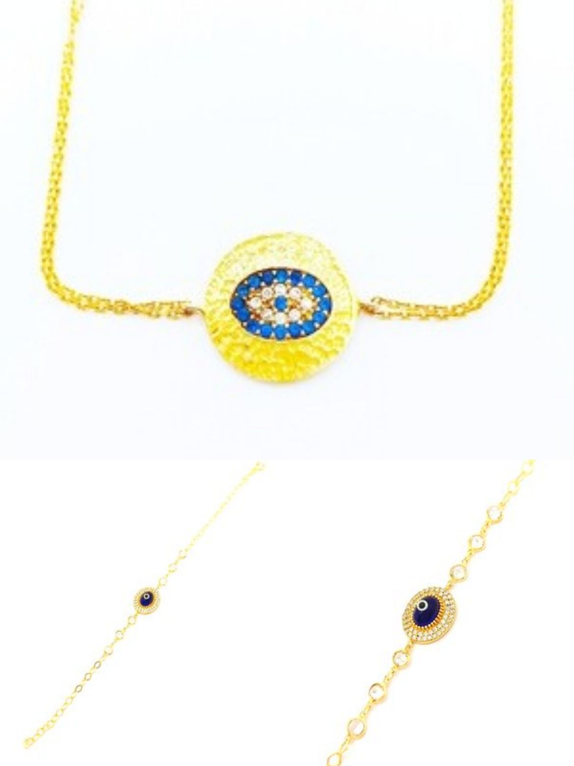 Silver 925 round evil eye 2 chain gold hand bracelet