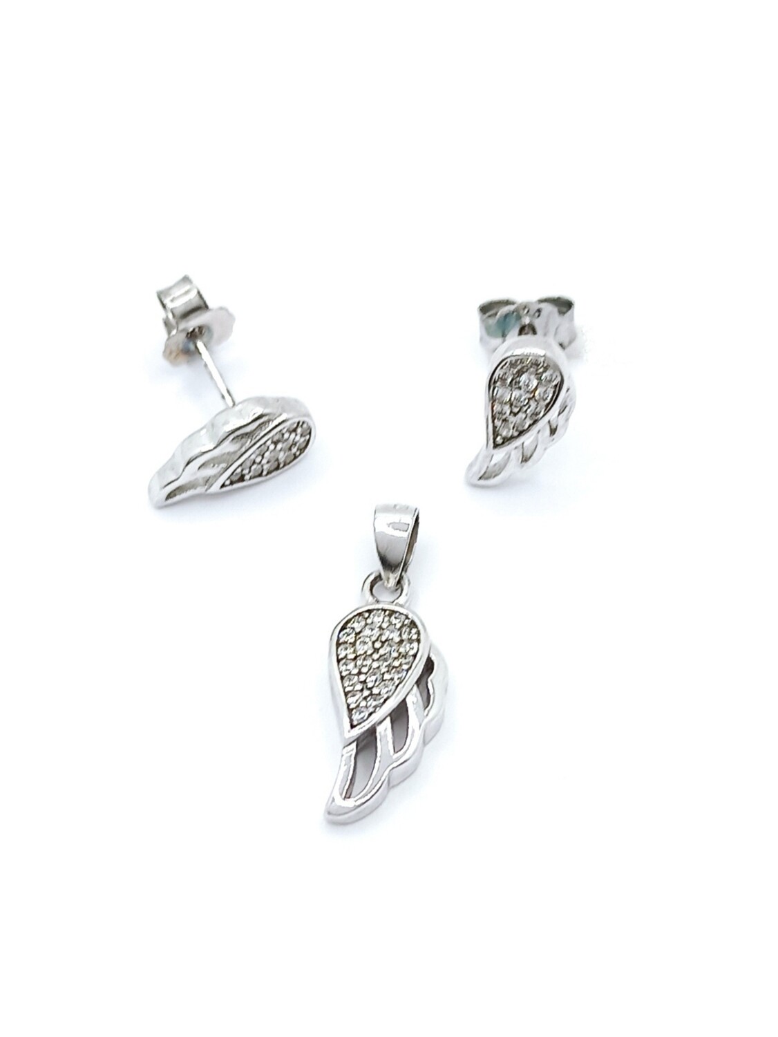 Silver 925 SET angel wing pendant and earrings, MODEL-SIZE-STONE: 1-Pendant size: 2 x 0.7cm-Earring size : 1.1 x 0.5cm-CZ white zirconia
