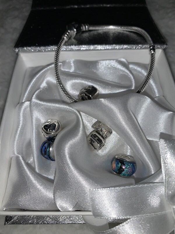 Pandora Snake bracelet with Reflection Dichroic Glass &amp; Silver Cored Beads---Reflection Sterling Silver Charms. .925