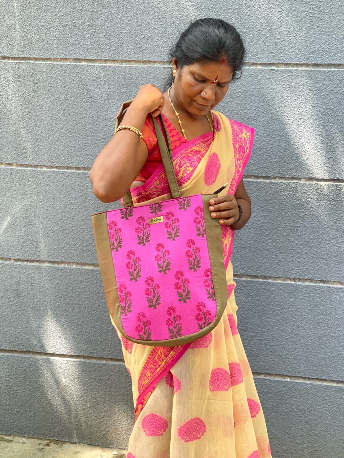 Pink Block Print Tote On Mathulir