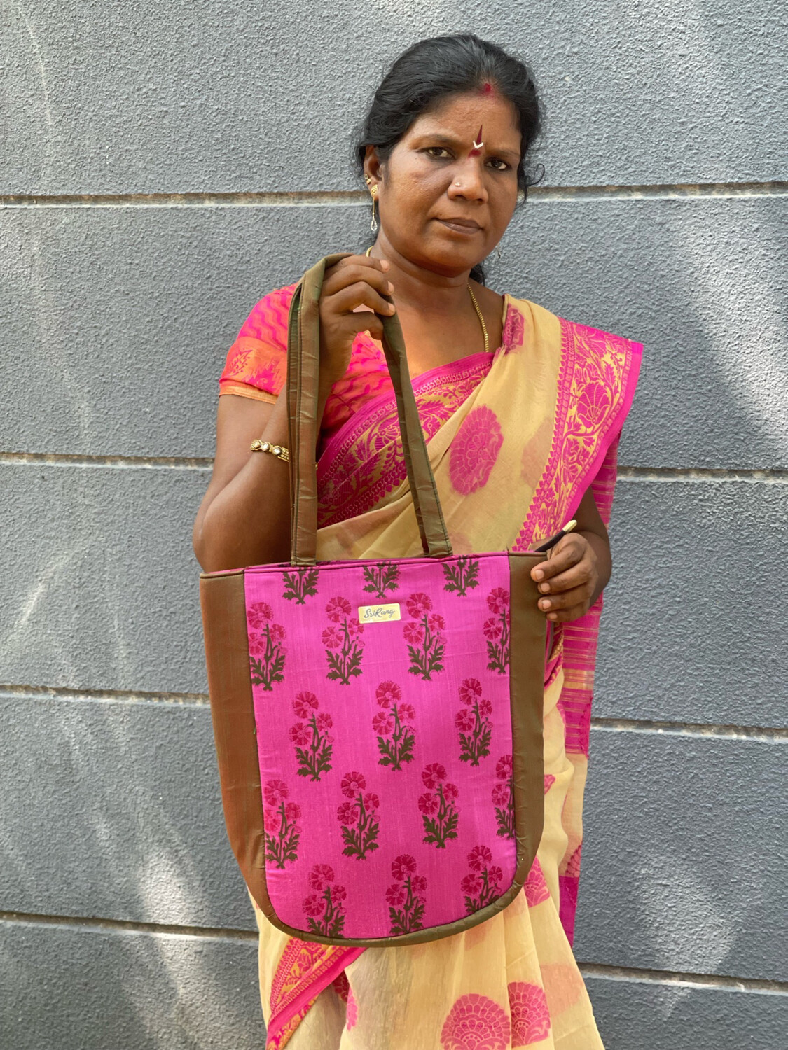 Pink Block Print Tote On Mathulir