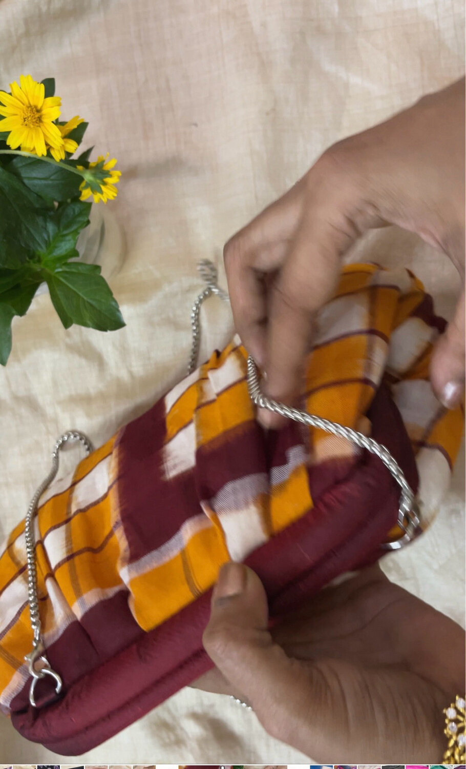 Mustard And Maroon Sambalpuri  Satchel
