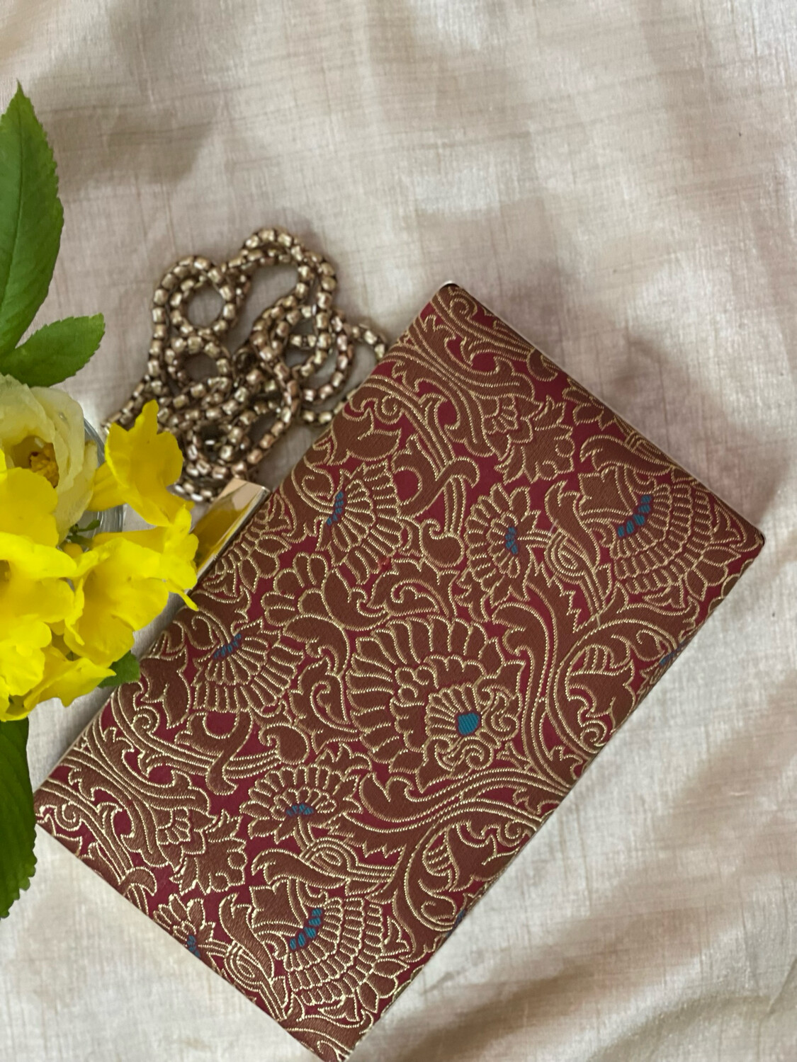 Maroon Floral With Blue Dots