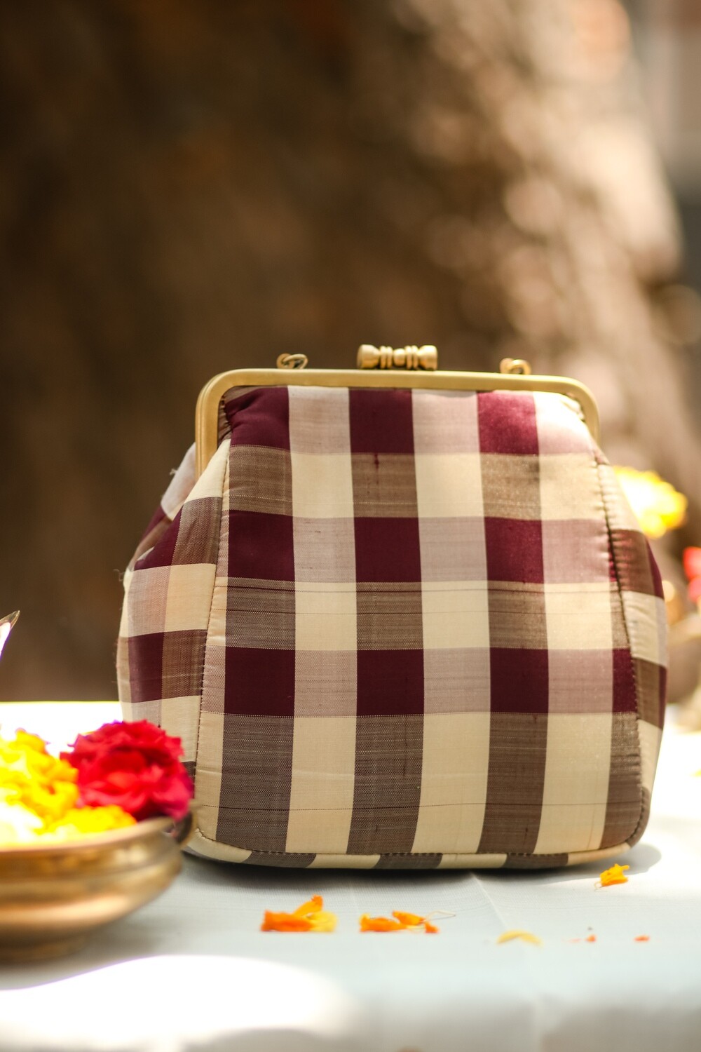 Chocolate Brown Checks Small Damru