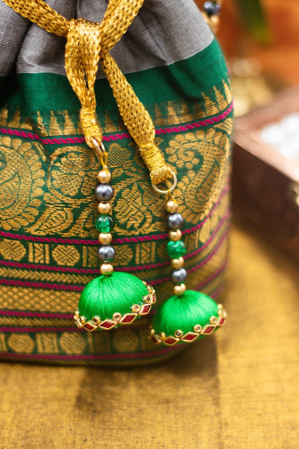 Grey With Green Border Kanchi Cotton