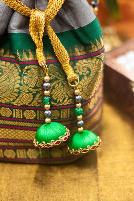 Grey With Green Border Kanchi Cotton