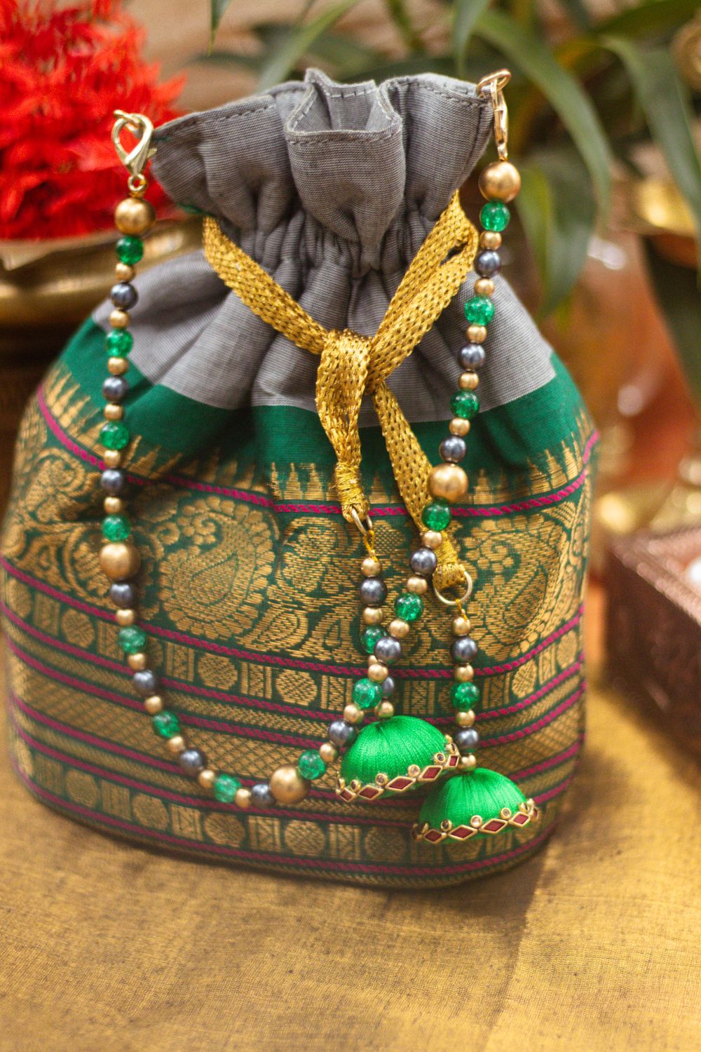 Grey With Green Border Kanchi Cotton