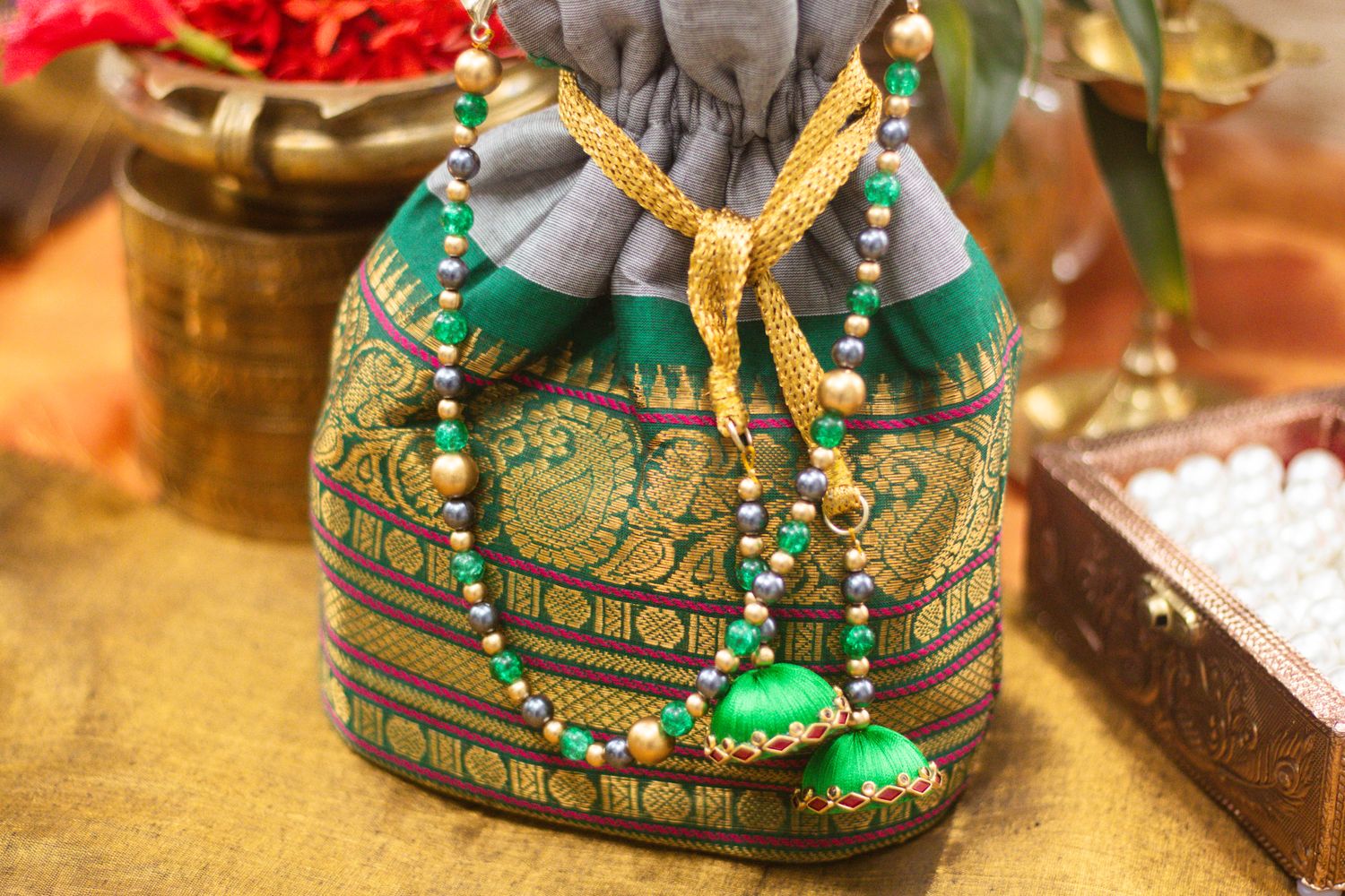 Grey With Green Border Kanchi Cotton