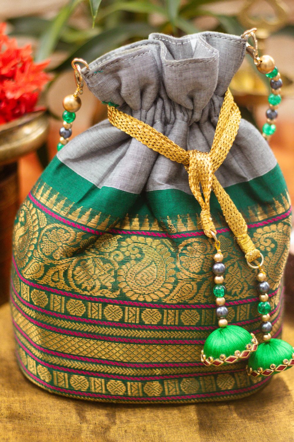 Grey With Green Border Kanchi Cotton