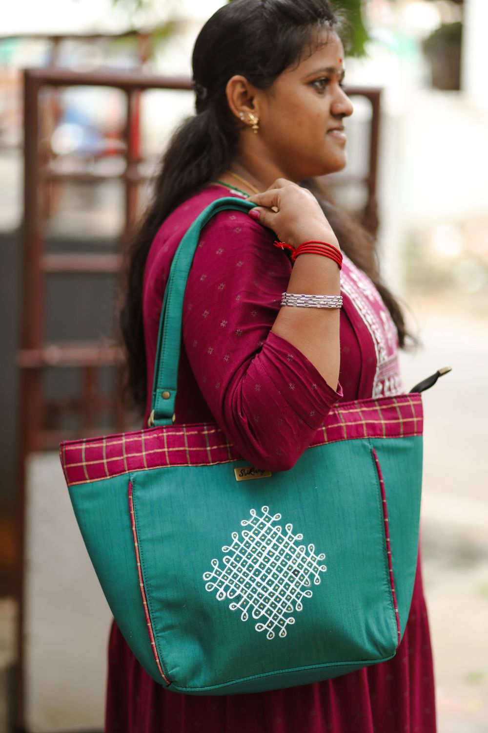 Peacock Green Kolam Tote