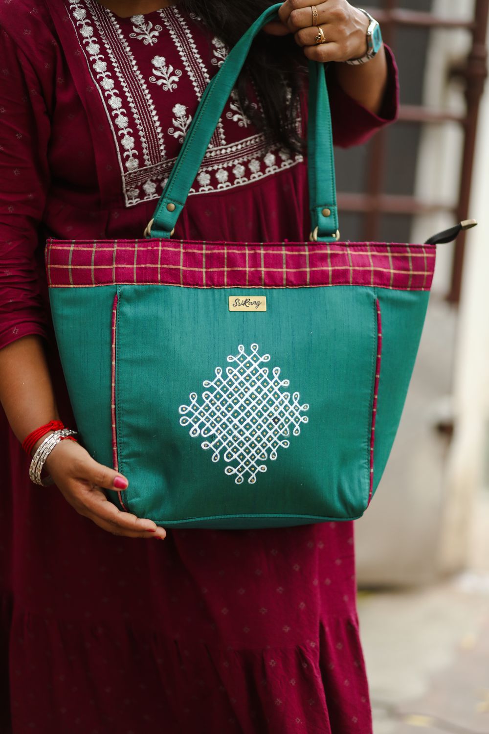 Peacock Green Kolam Tote