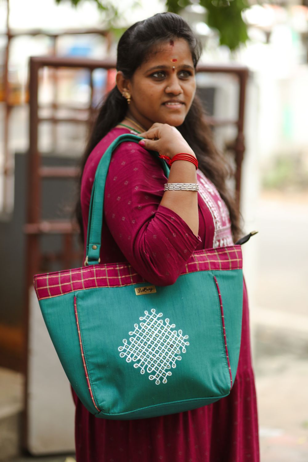 Peacock Green Kolam Tote