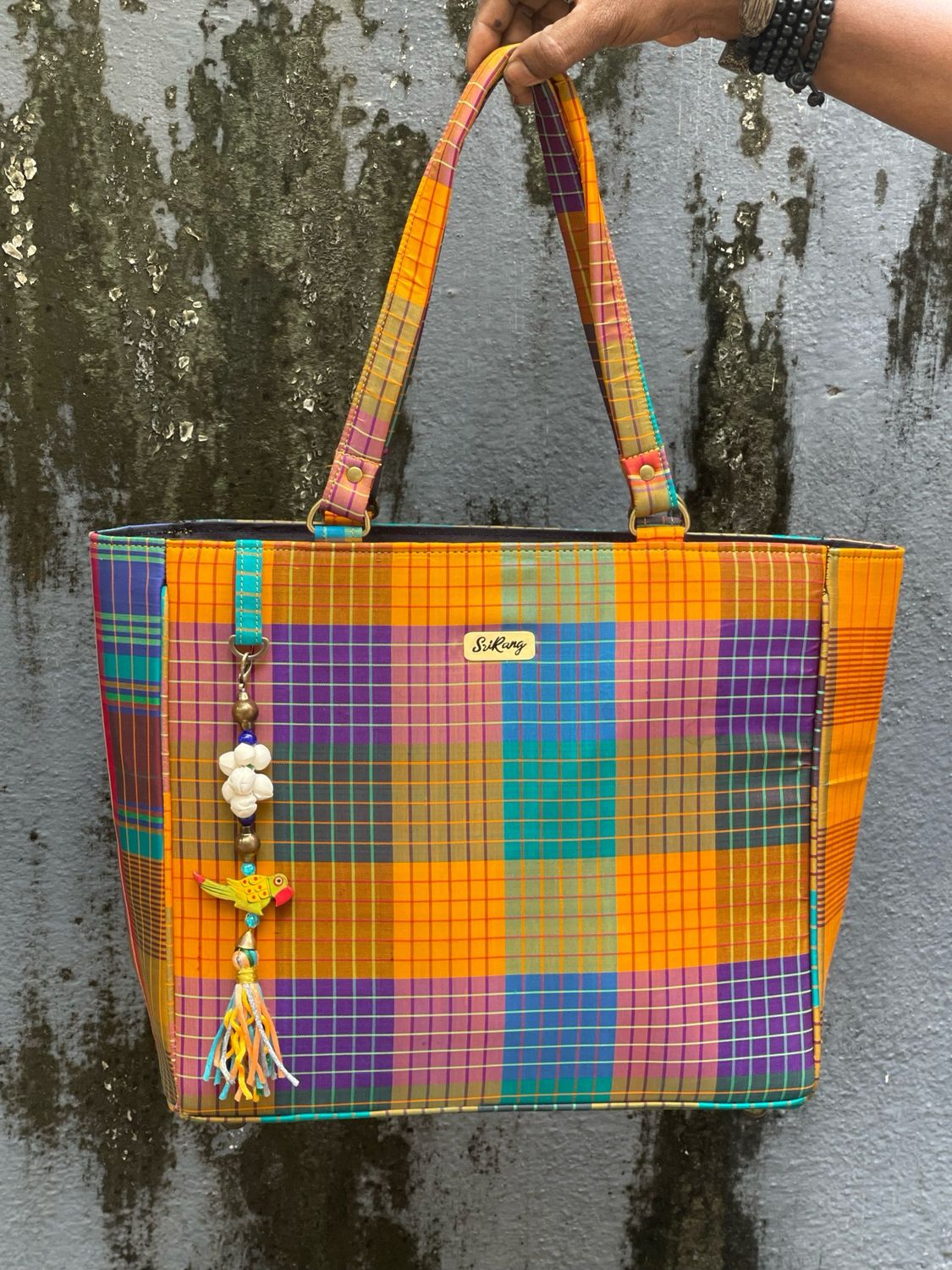 Multi Check Silk Tote