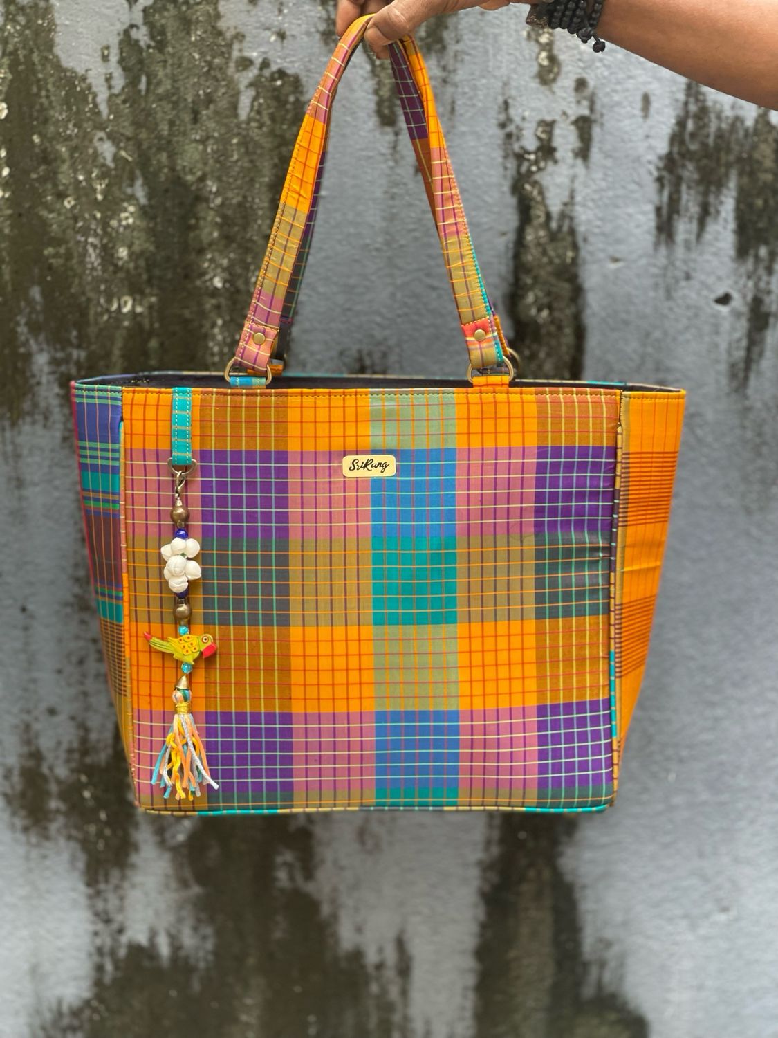 Multi Check Silk Tote