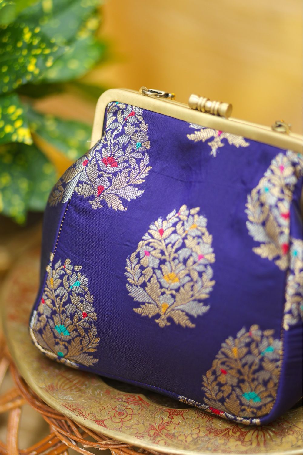 Navy Blue Small Damru With Flower Buttah