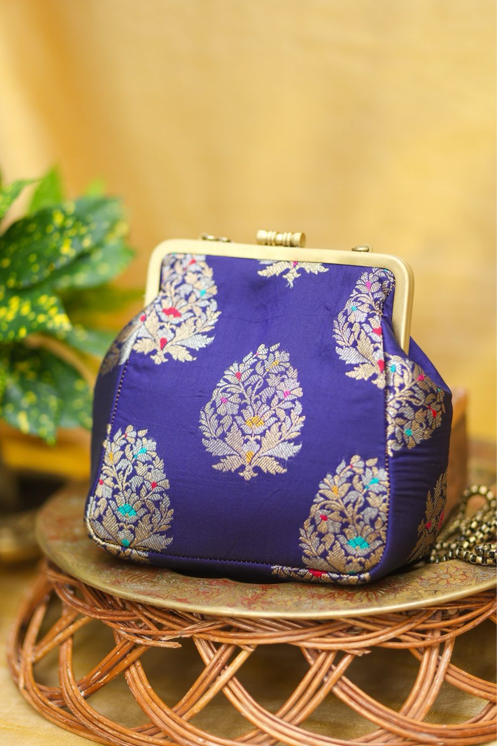 Navy Blue Small Damru With Flower Buttah