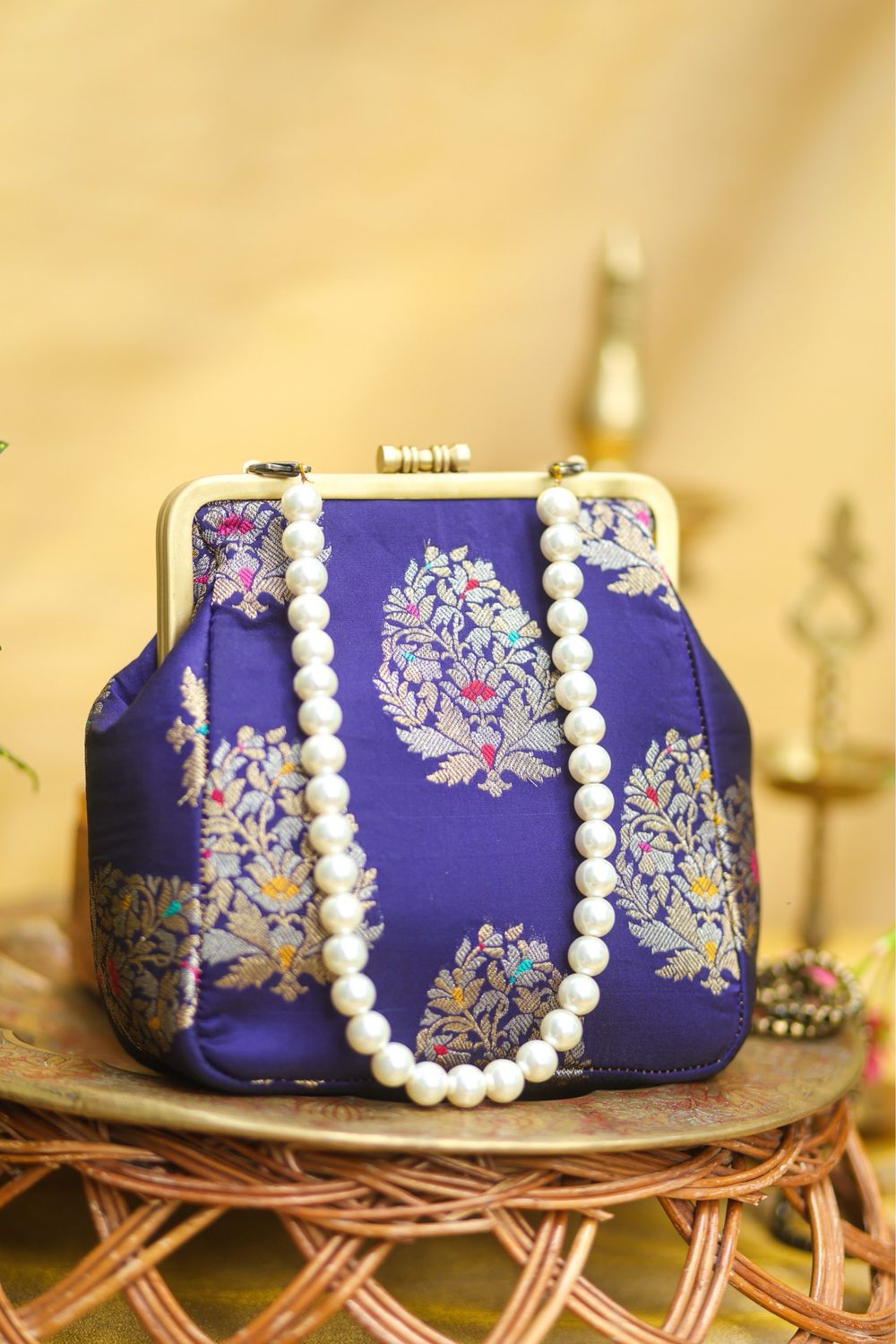 Navy Blue Small Damru With Flower Buttah