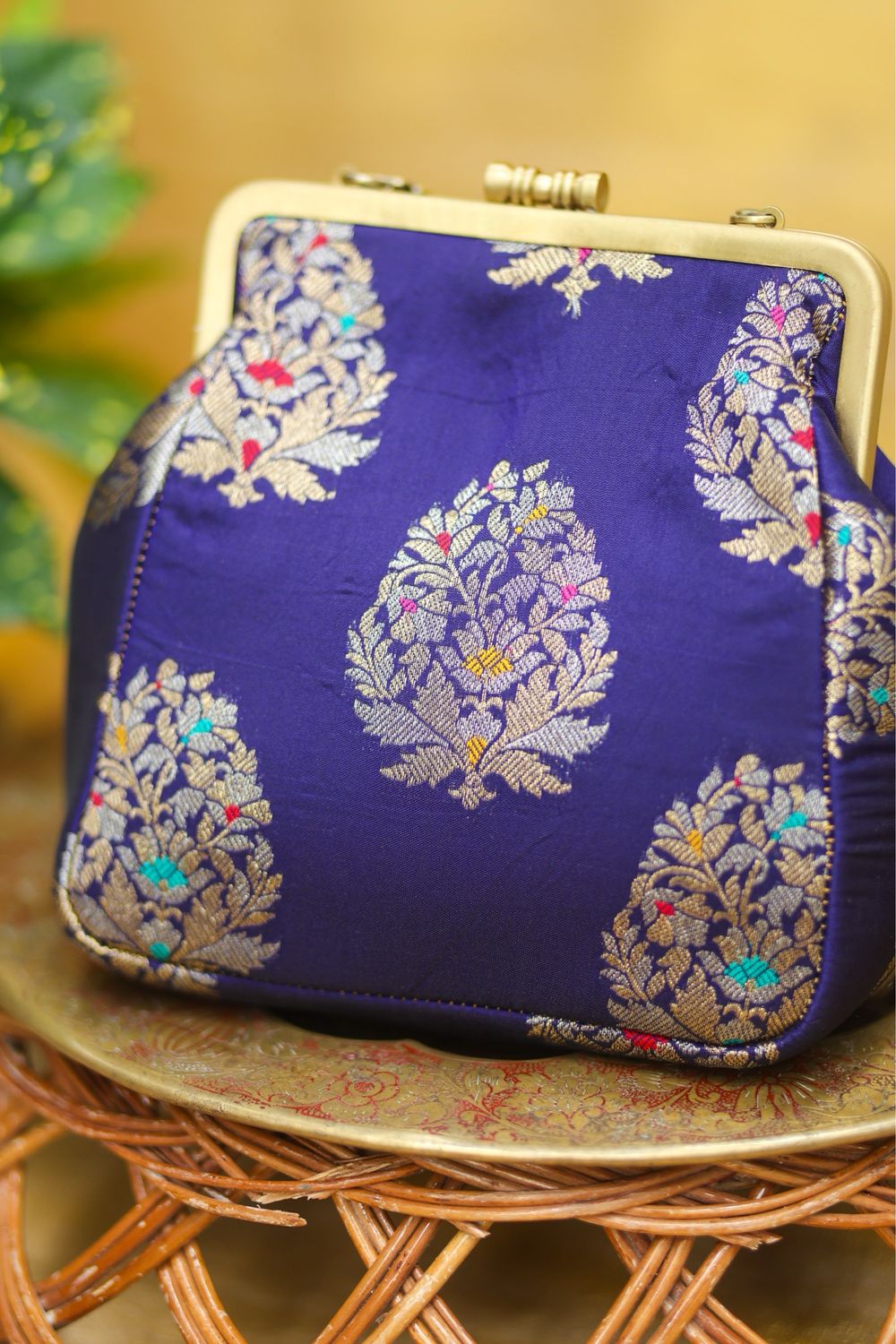 Navy Blue Small Damru With Flower Buttah