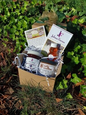 Gift Box Beach Plum Jam, Nutty Novelties Dark Chocolate Almond Nut Butter, 2 oz Raw Honey Bear & Brochures