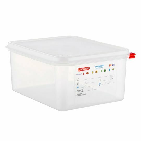 Envase hermético transparente GN1/1, aumenta la vida  útil del alimento. La tapa va provista de canal que permite extraer parcialmente el aire, reduciendo la oxidación del alimento.
