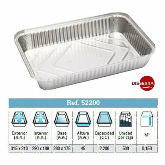 Envase aluminio 315x210x40  (Ristra 100 unidades). Los envases de aluminio son ligeros, flexibles y fáciles de reciclar, higiénicos, no tóxicos y mantienen el sabor y el aroma.