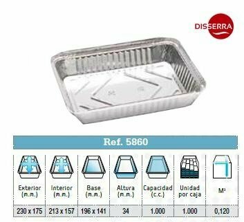 Envase aluminio 230x175x34 (Ristra 125 unidades). Los envases de aluminio son ligeros, flexibles y fáciles de reciclar, higiénicos, no tóxicos y mantienen el sabor y el aroma.