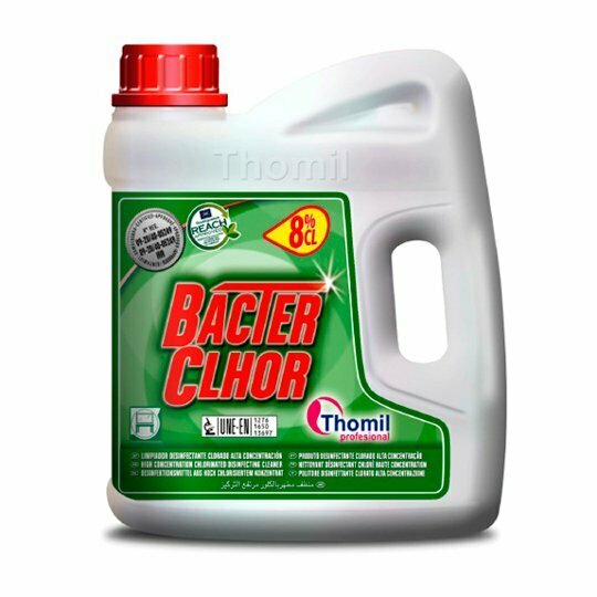Detergente clorado BACTER CLHOR con registro HA (Garrafa 4 l) Producto de máxima seguridad y eficacia para la limpieza y desinfección de todo tipo de superficies resistentes al cloro en un solo paso.
