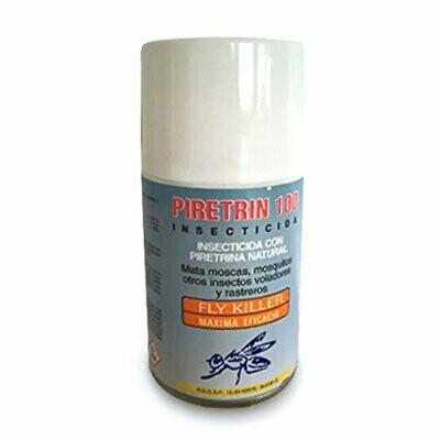 Insecticida PIRETRIN 100 Aerosol 250 ml. Elimina moscas con gran eficiencia, compuesto por mezcla de piretrinas naturales y sintéticas.