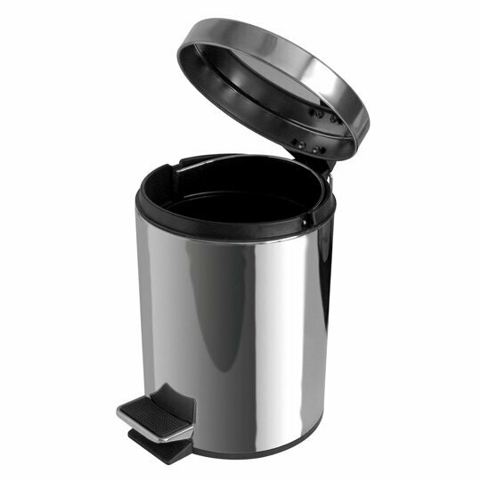 Papelera en ACERO INOXIDABLE acabado en brillo con pedal y capacidad de 5 l. Exterior en metal y caja interior en plástico negro. Ideal para baños y wc. Papelera en ACERO INOXIDABLE acabado en brillo con pedal y capacidad de 5 l. Exterior en metal y caja interior en plástico negro. Ideal para baños y wc.