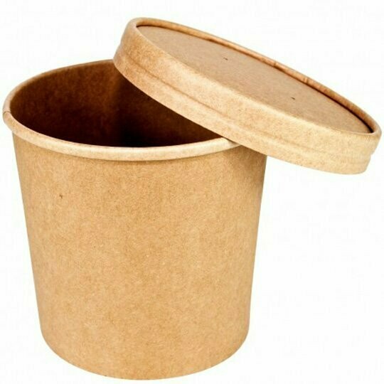 Tarrina para sopas en KRAFT ***CON TAPA*** 16oz 500 ml (Caja 25 unidades). Ideal para alimentos fríos y calientes, con recubrimiento PE.