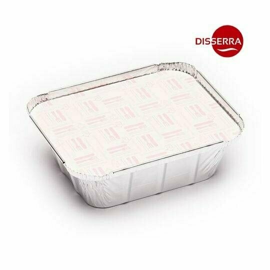 Tapa para envase de aluminio 146 X 121 mm. (Ristra 100 unidades). Tapa de cartón con recubrimiento de PE. Apto para uso alimentario.