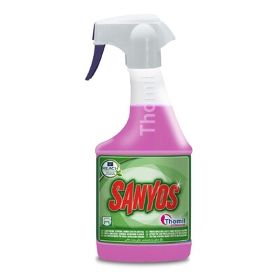 Limpiabaños desincrustante antical SANYOS (Pulverizador 750 ml). Limpiador baños es un detergente ácido que asegura una limpieza rápida y eficaz. Elimina sin dificultad las manchas de jabón y cal.