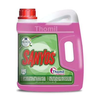 Limpiabaños desincrustante antical SANYOS (Garrafa 4 litros). Limpiador baños es un detergente ácido que asegura una limpieza rápida y eficaz. Elimina sin dificultad las manchas de jabón y cal.