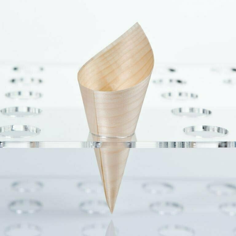 Cono de madera fina, recipientes serie NIPÓN presentación degustaciones aperitivos y tapas en fiestas y eventos (Paquete 100 unidades)