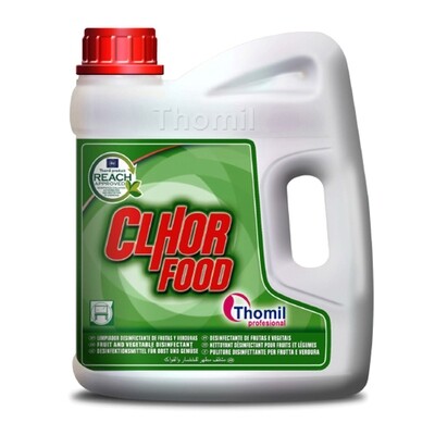 Desinfectante alimentario CLHOR FOOD (HA) (Garrafa 4 l). Disolución de hipoclorito de sodio de calidad alimentaria, adecuado para el lavado completo de todo tipo de vegetales crudos y frutas sin pelar