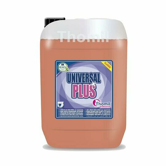 Lavavajillas Maquina UNIVERSAL PLUS Extra Concentrado (Jerrican 12 kg). Detergente líquido concentrado de espuma controlada, indicado especialmente para máquinas lavavajillas automáticas.