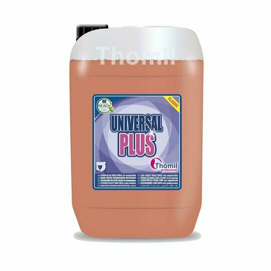Lavavajillas Maquina UNIVERSAL PLUS Extra Concentrado (Jerrican 25 Kg). Detergente líquido concentrado de espuma controlada, indicado especialmente para máquinas lavavajillas automáticas.